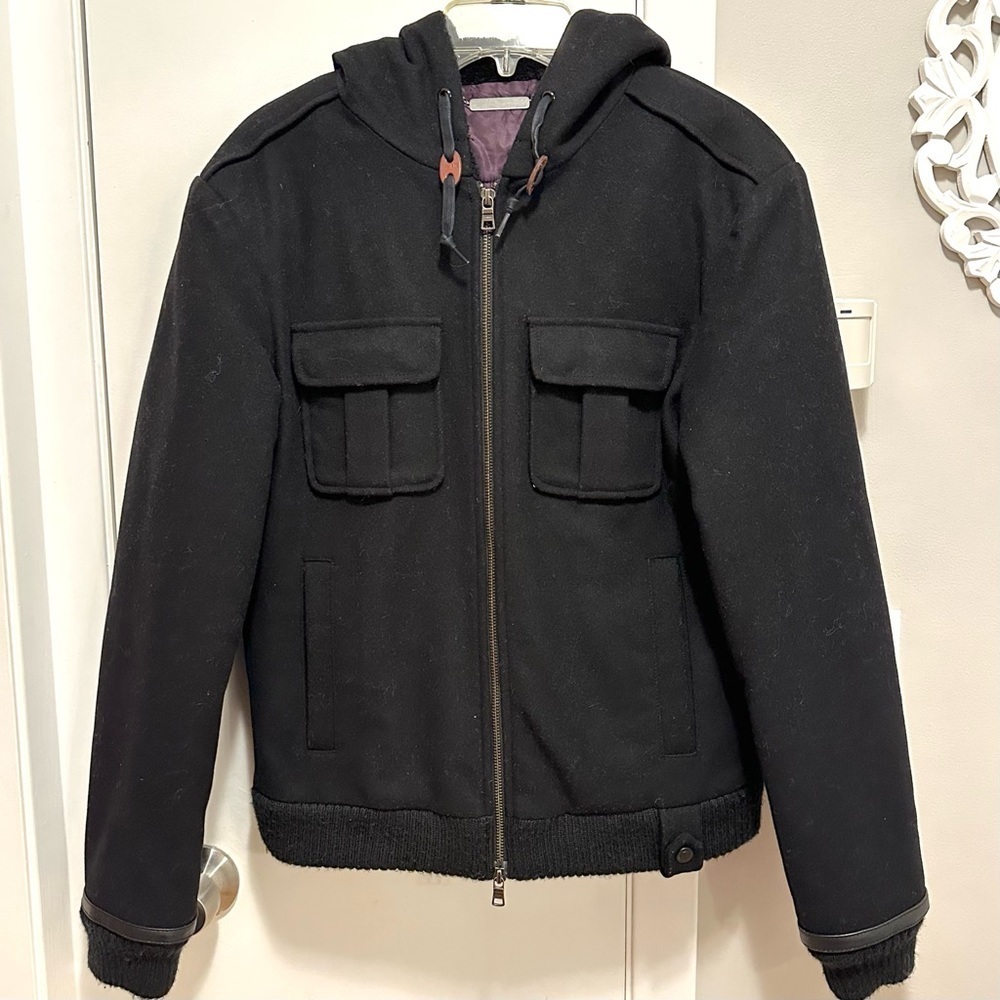 Armani Exchange Black Wool Bomber Jacket Men’s S Coat Hooded Lined Full Zip